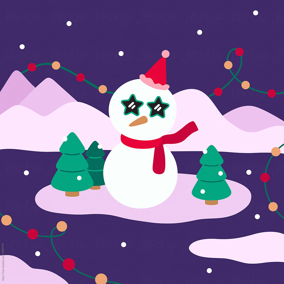 Vector cartoon illustration of a cute snowman and a Christmas