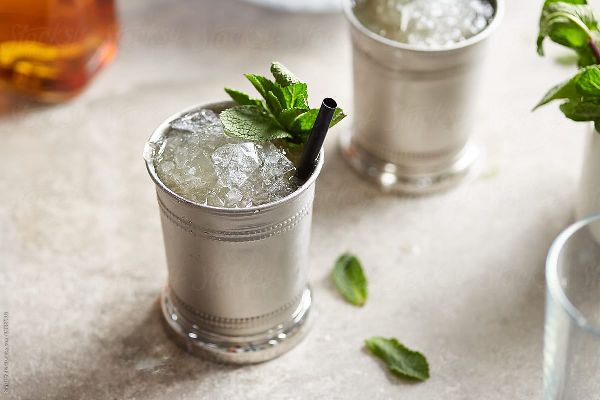 Close-up of fresh Mint Julep on table.