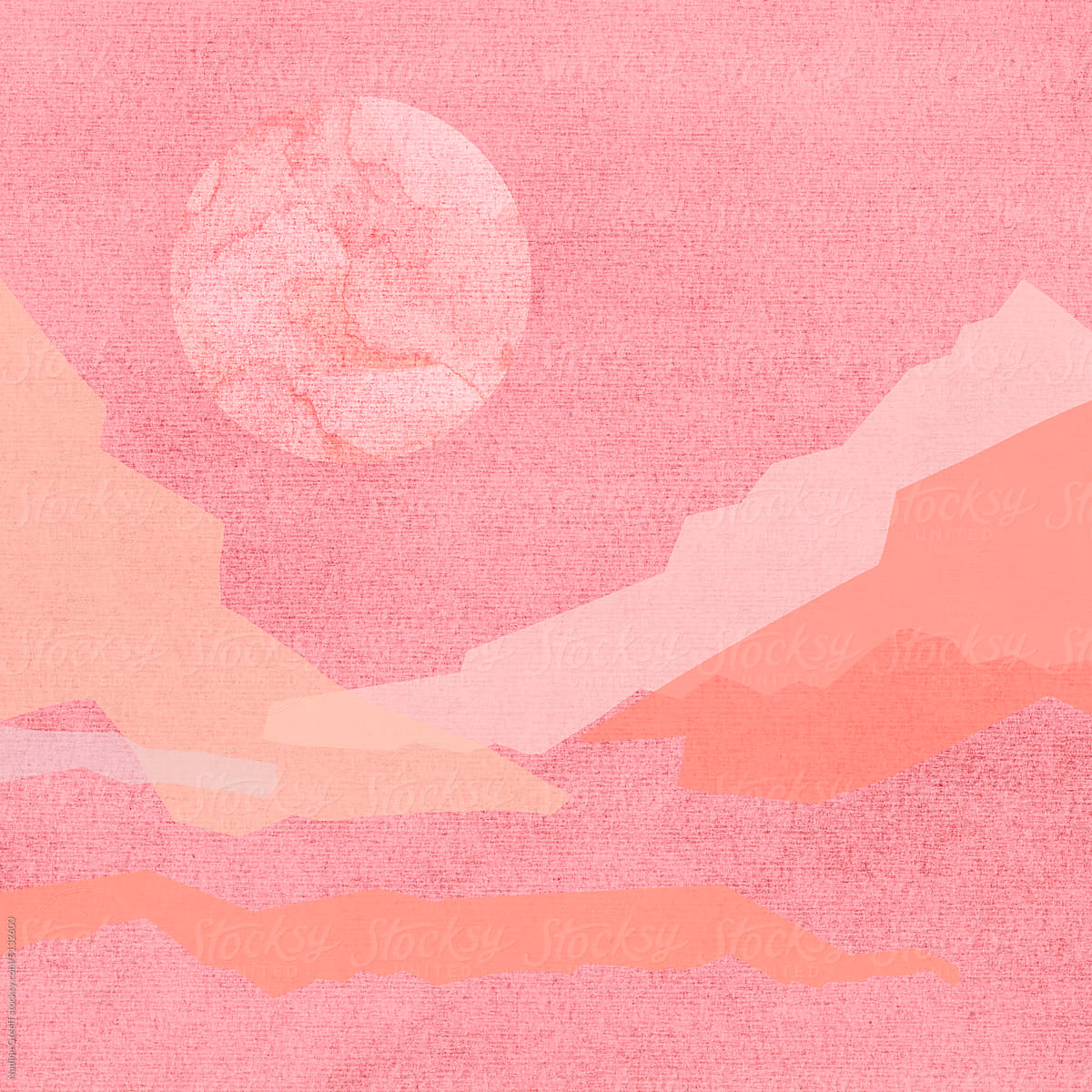Abstract landscape pink moon, sky and mountains