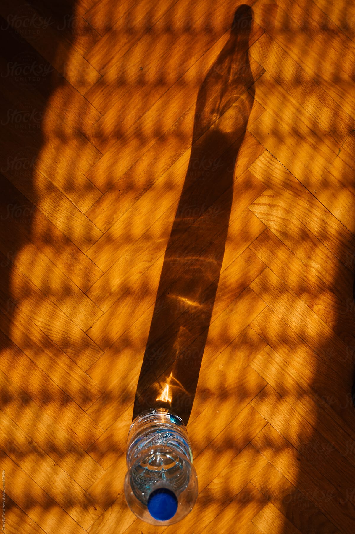 Bottle of water on the floor lit with sun shining through the window