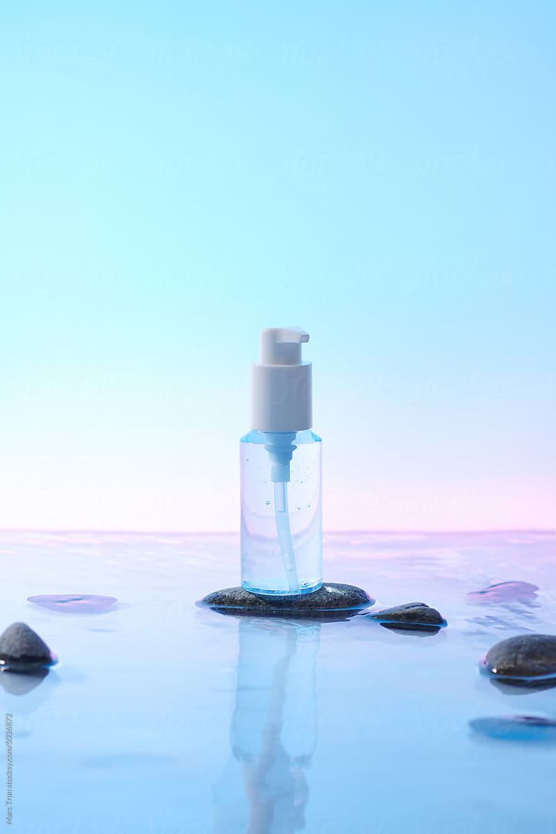 Medicinal product in a bottle, mock-up standing on black stone