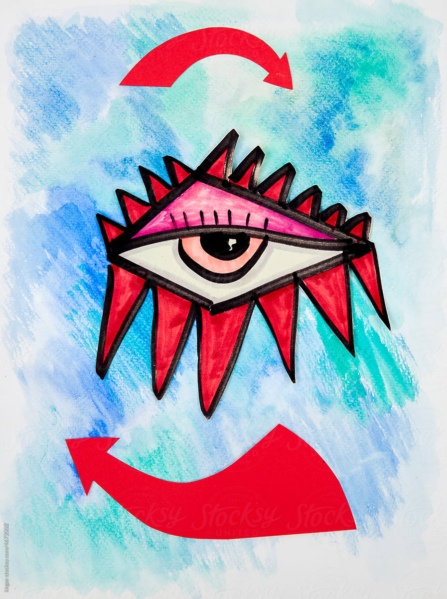 Red stylized eye on blue and green background with red arrows
