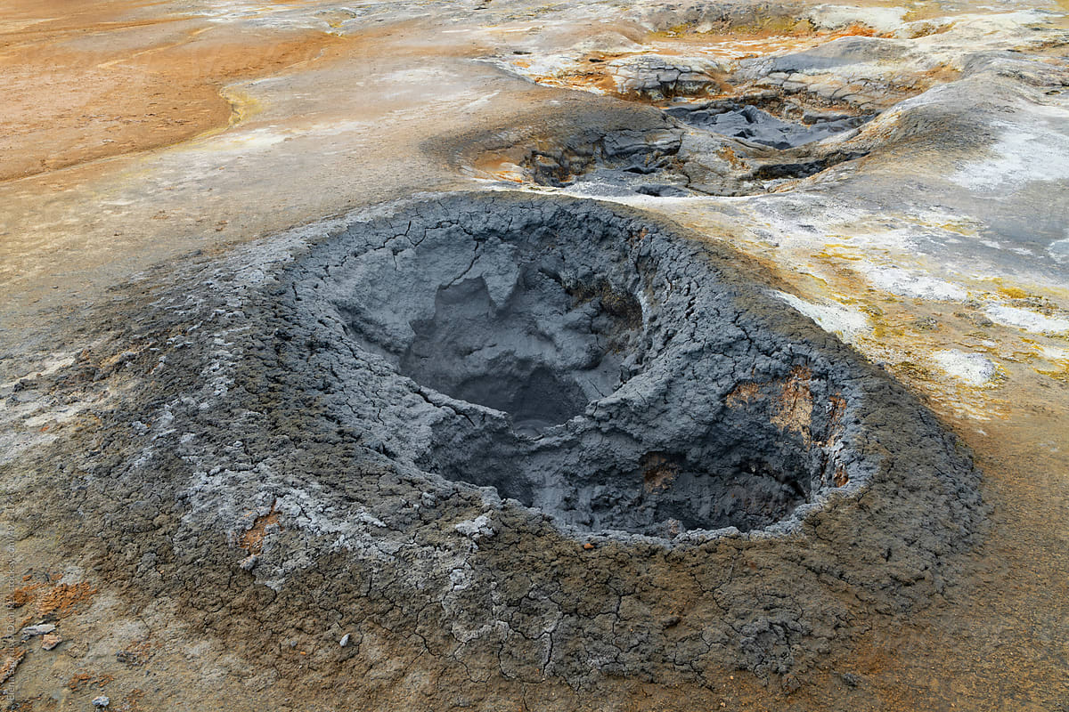 Close up view of grey dry mud in Hverir, a geothermal area in Iceland.