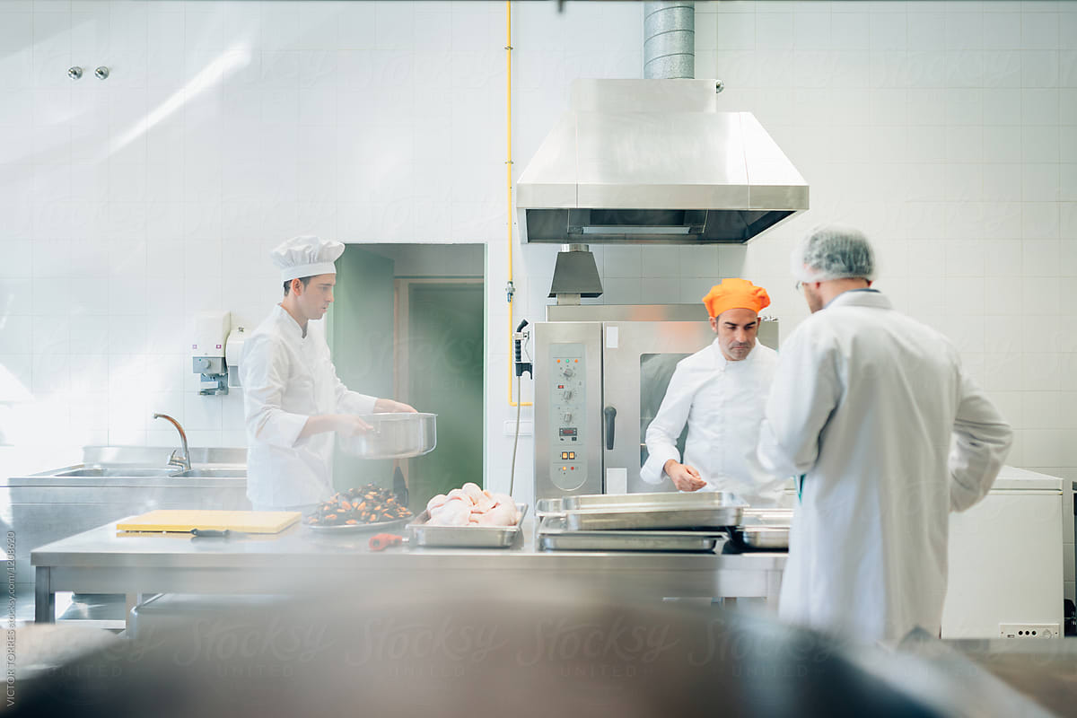 Chefs Preparing Food in a Professional Kitchen