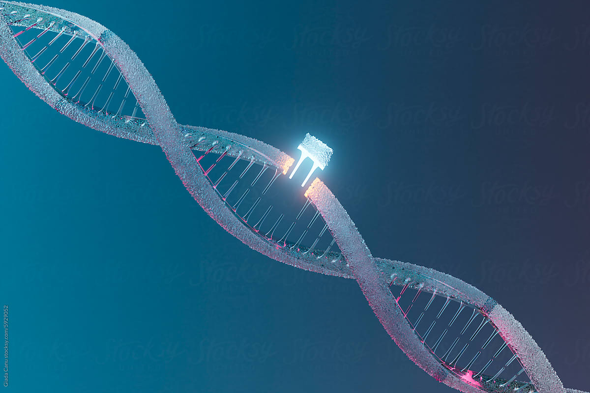 3D Render of DNA Strand with Gene Editing Technology