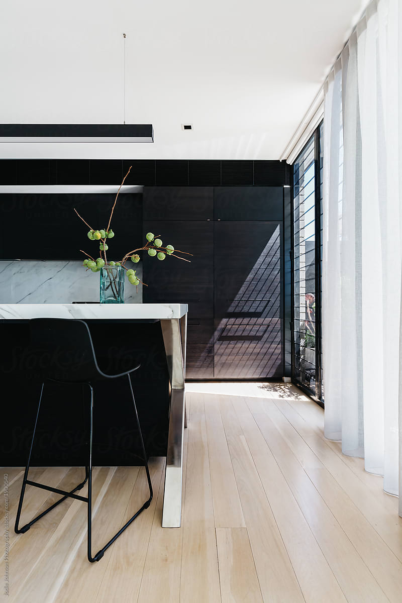Luxury Black Kitchen With Calcutta Marble Benchtop And Sheer Curtains By Jodie Johnson Interior Design