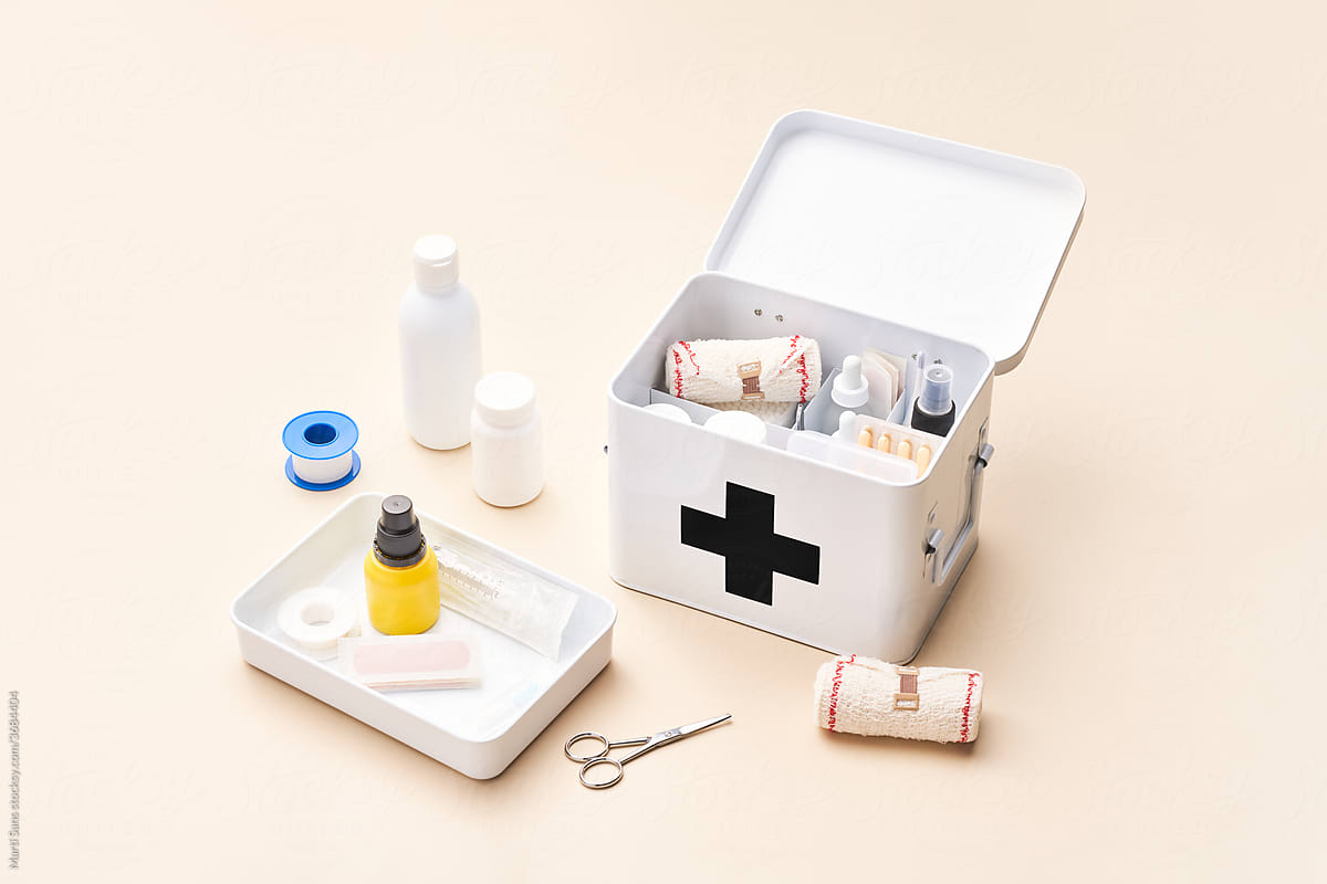 Medical supplies near metal box