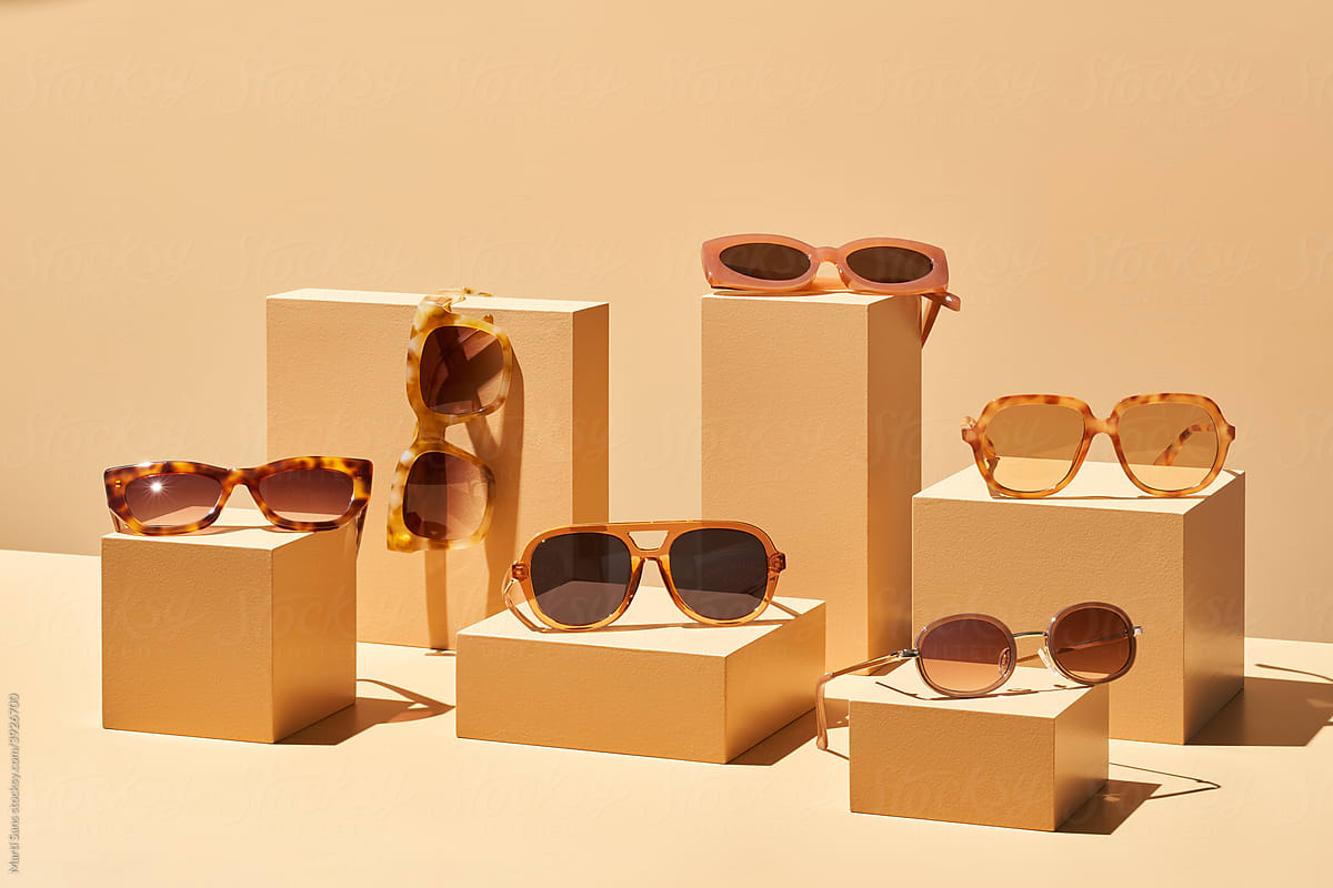 Trendy sunglasses on simple boxes