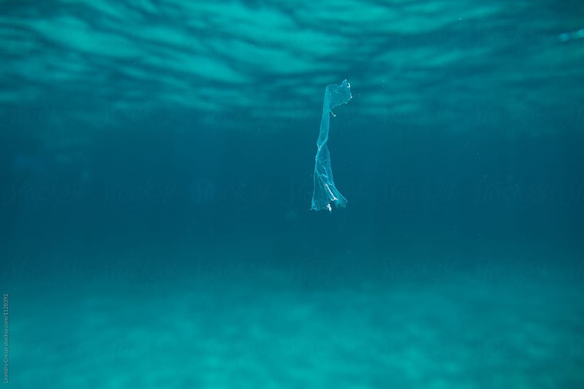 Piece of plastic waste floating in open blue sea