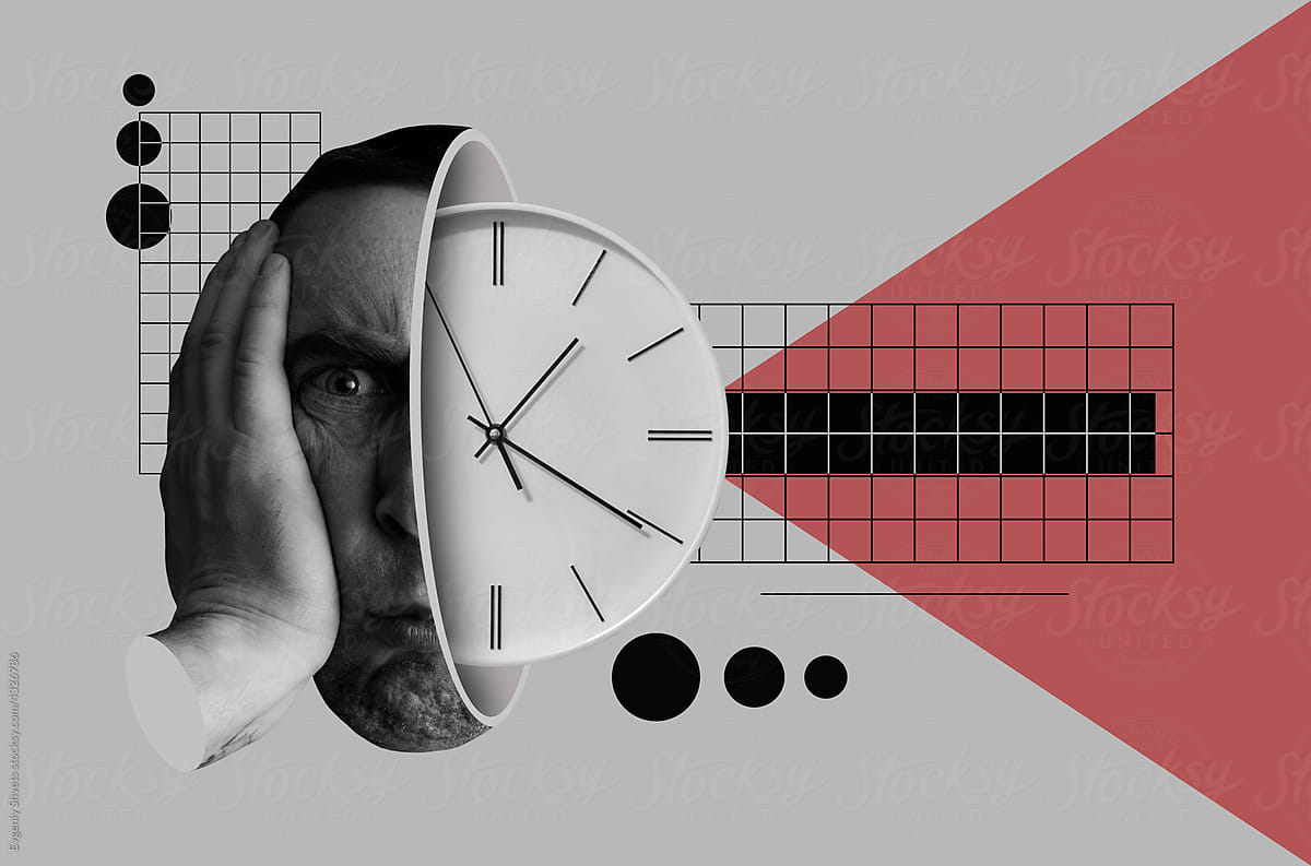 Digital collage with head of man with clock inside