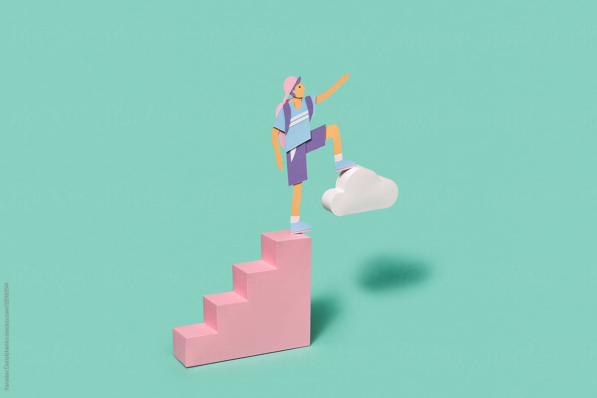 Handmade schoolboy on a staircase with cloud.