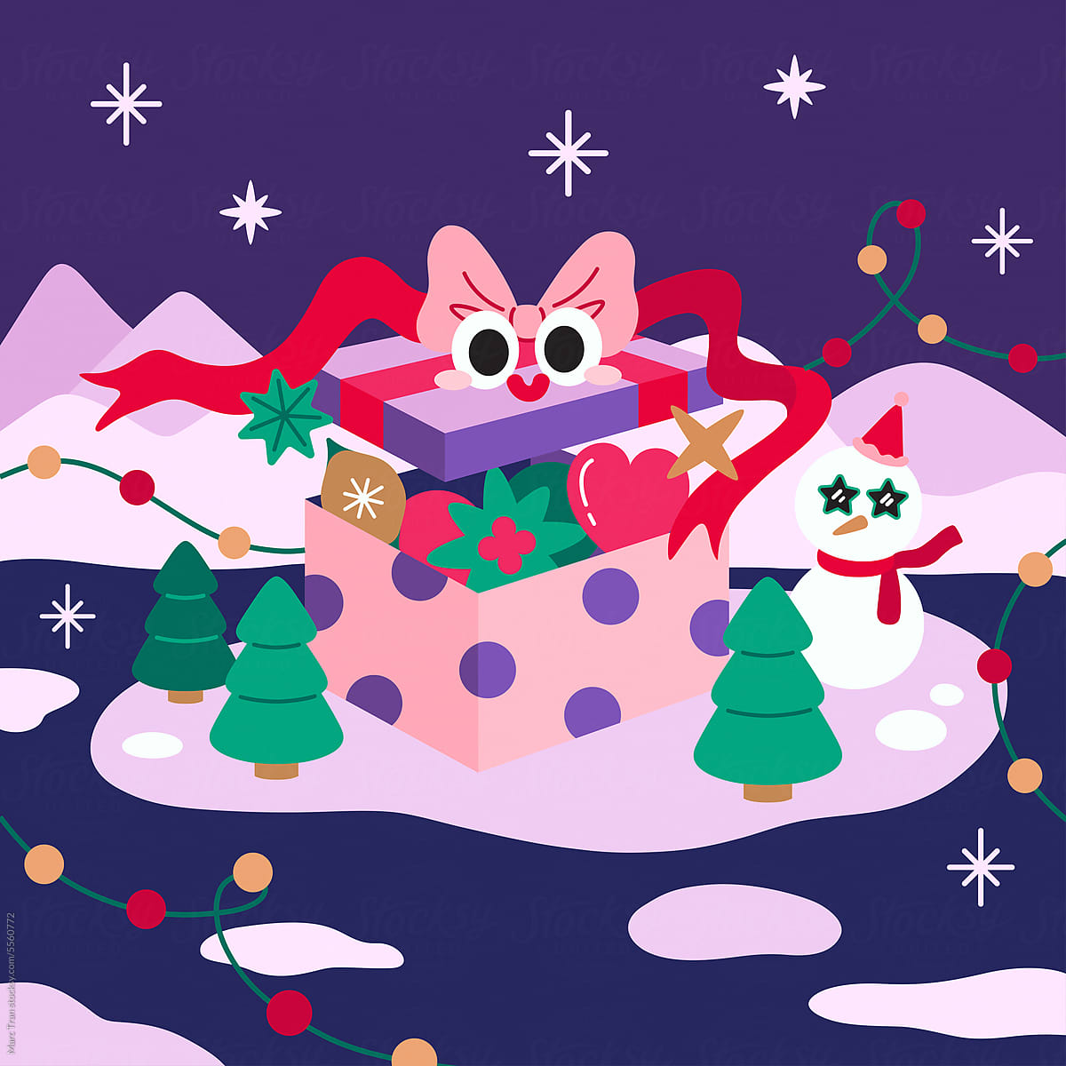 Vector illustration of a Christmas winter landscape postcard.