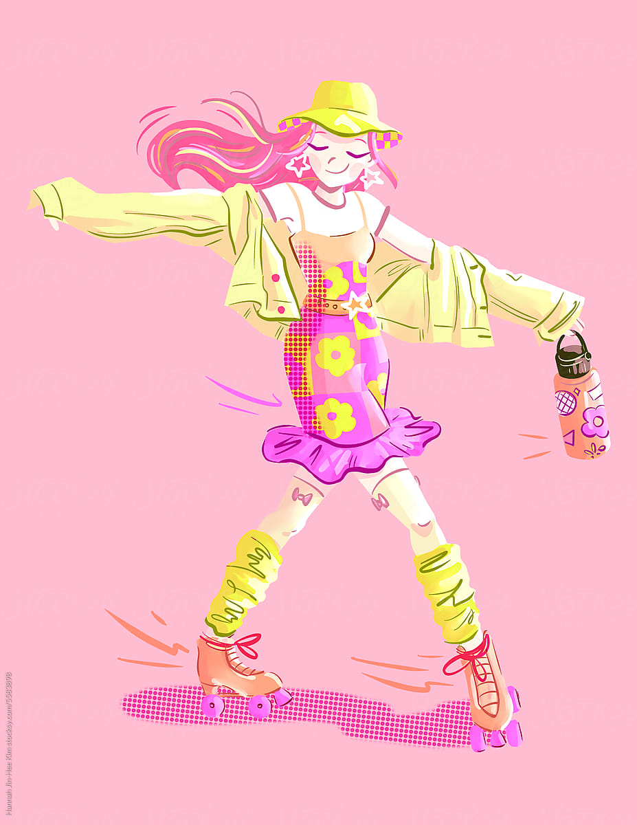 Pink Roller Skater with Water Bottle