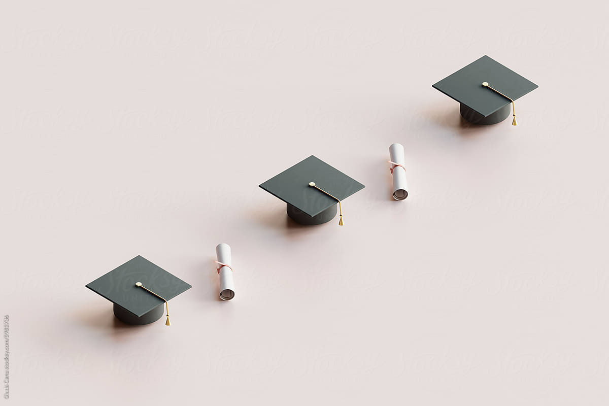 Minimalistic Graduation Caps and Diplomas on Pastel Background