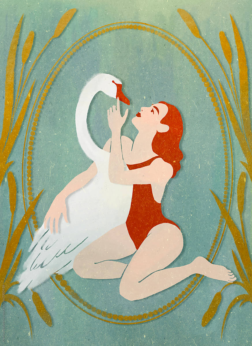 Red-haired girl in a swimsuit hugs a white swan.