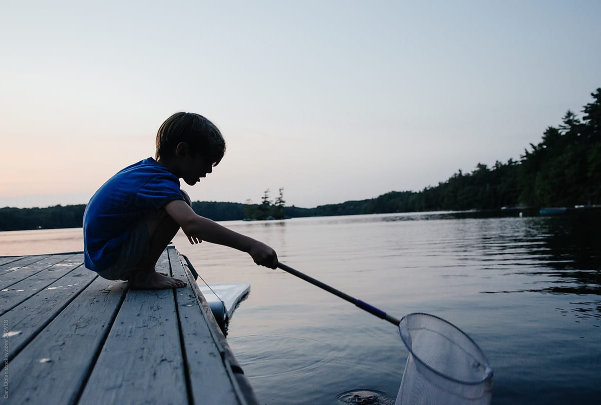 Young Boy On Dock Dips Net Into Lake Water by Stocksy Contributor Cara  Dolan - Stocksy