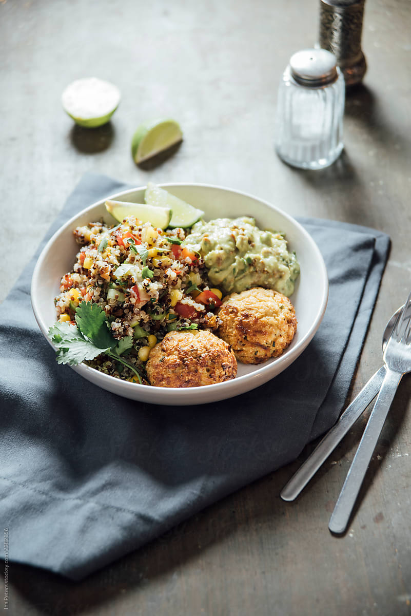 Food: Quinoa salad with vegetables, cilantro and lime, avocado c
