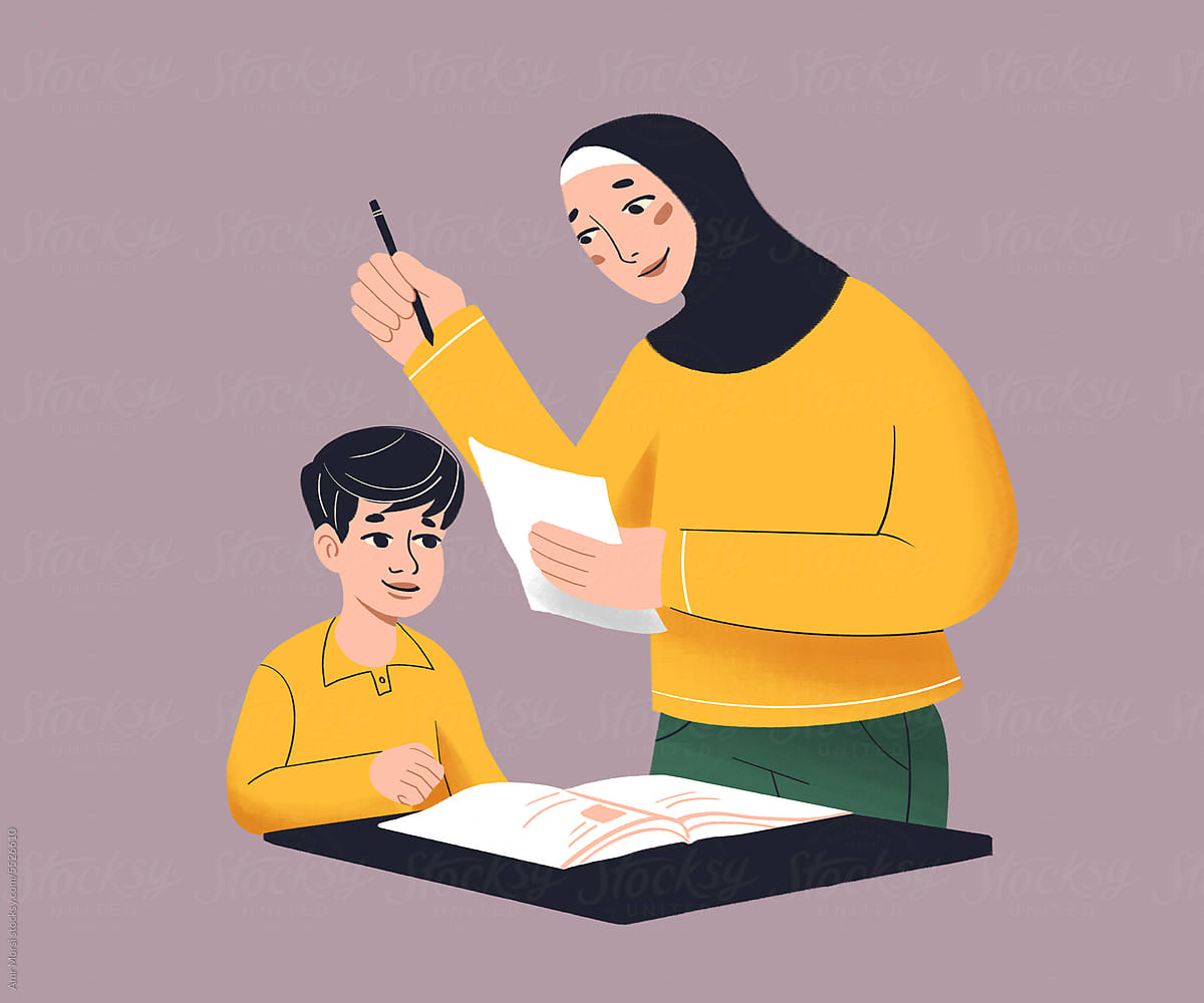 Illustration of a Muslim teacher wearing a hijab with a child student