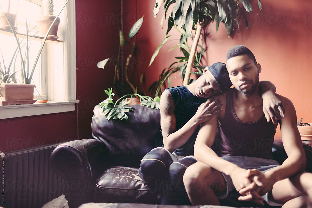 Portrait of Gay Black Men Couple in their Living Room
