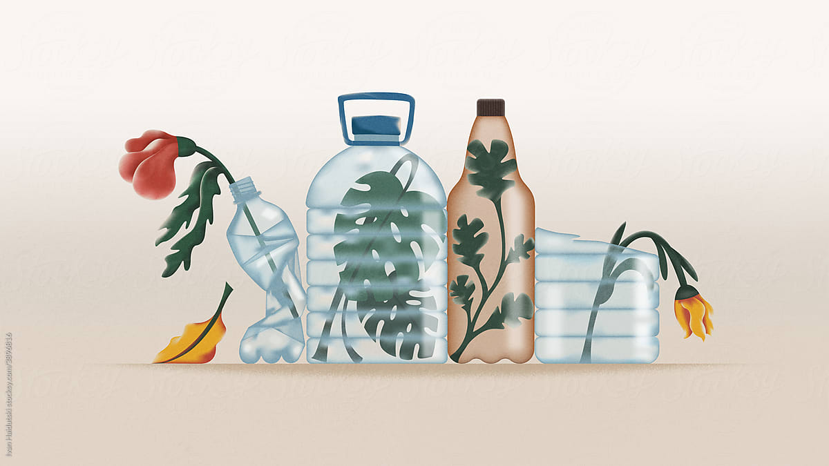 Plastic bottles and dead plants, flowers inside