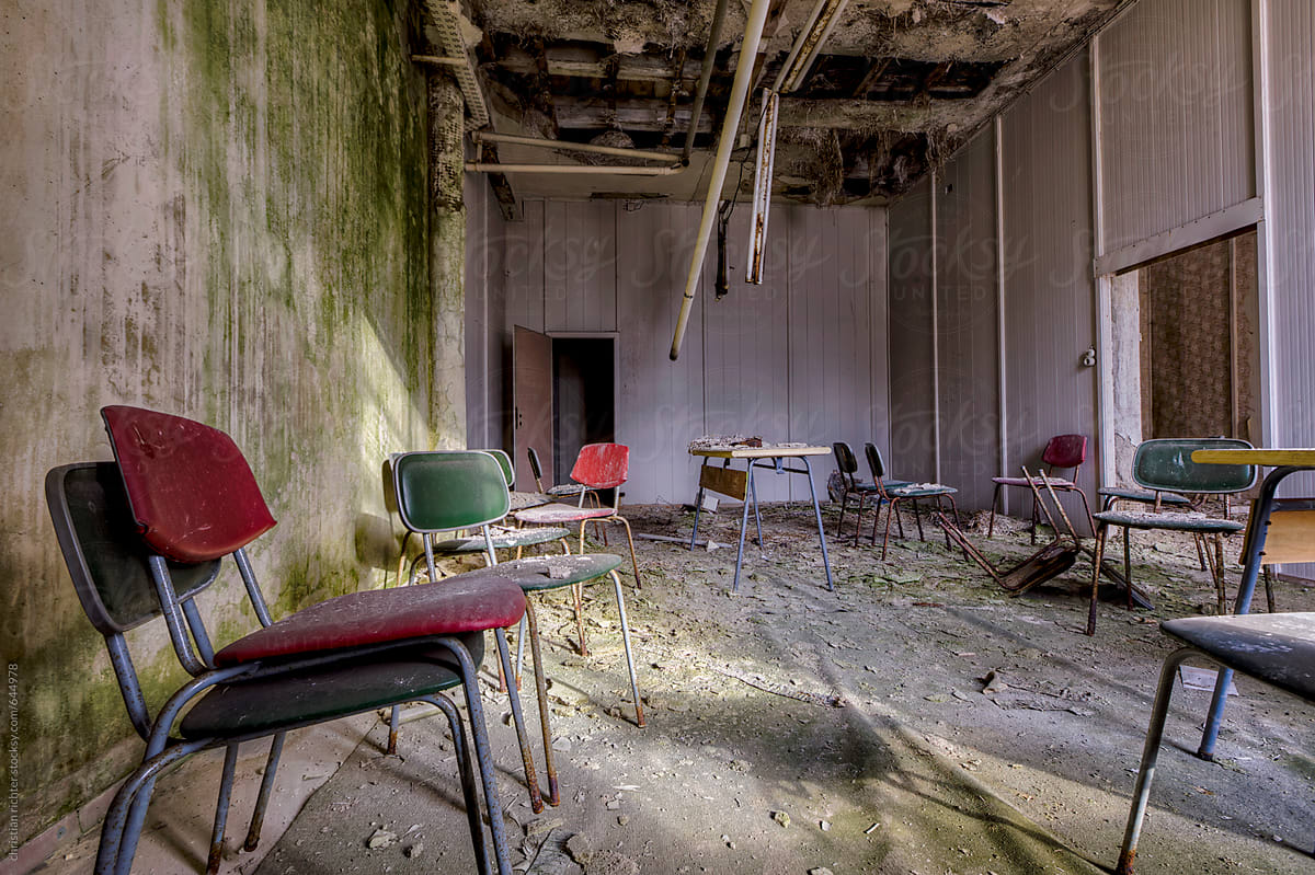 abandoned teaching room with chairs
