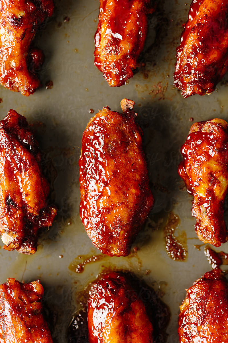 Close up of BBQ Chicken Wings on a baking tray