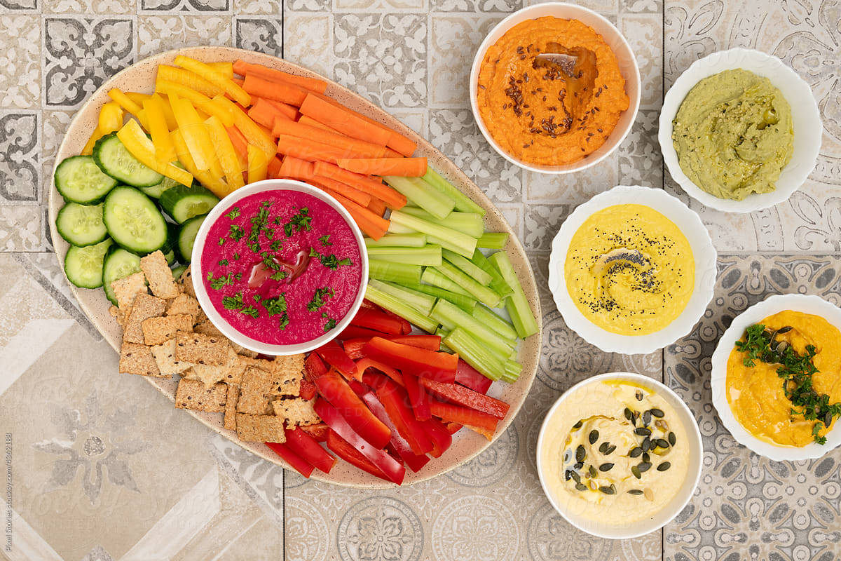 Healthy food : colorful hummus bowls