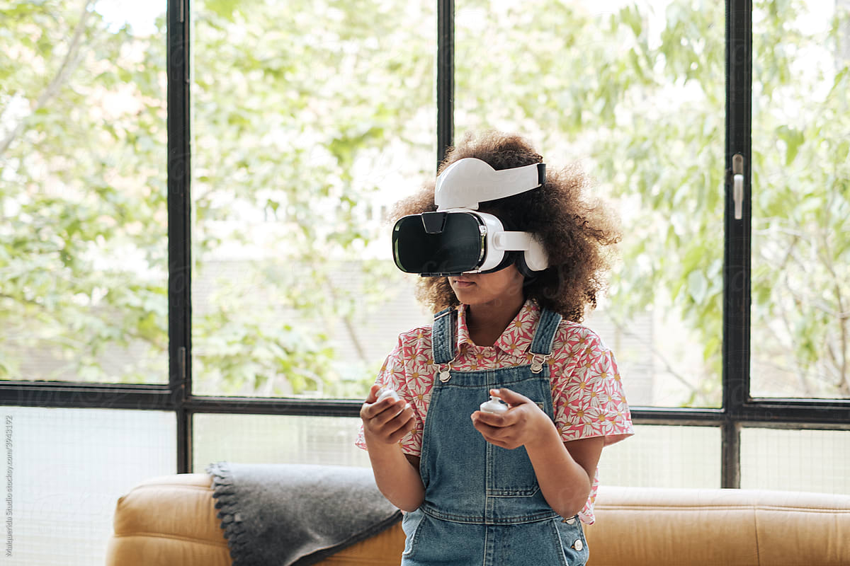 Girl plays virtual reality game