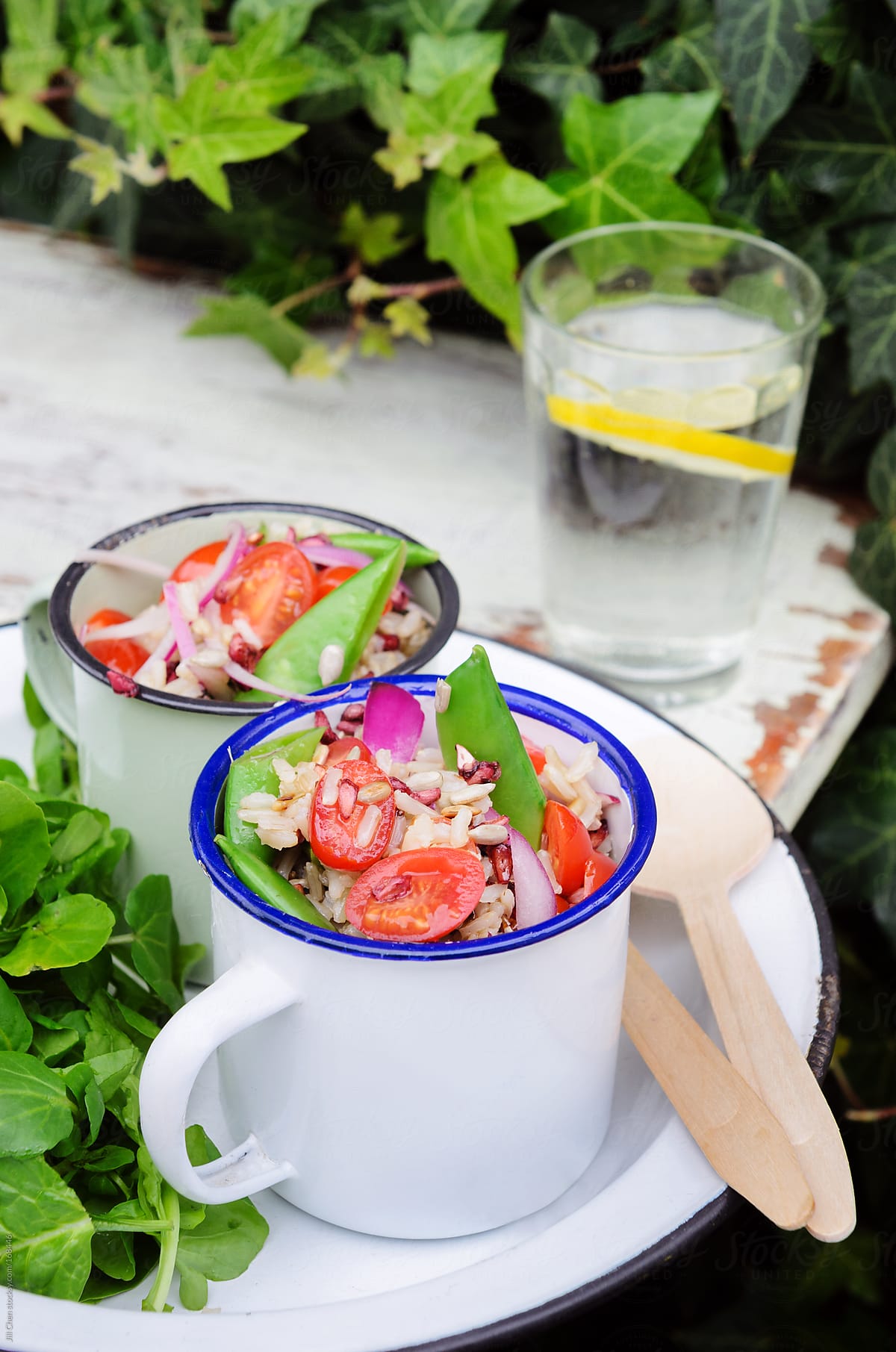 Light healthy lunch rice salad outdoors