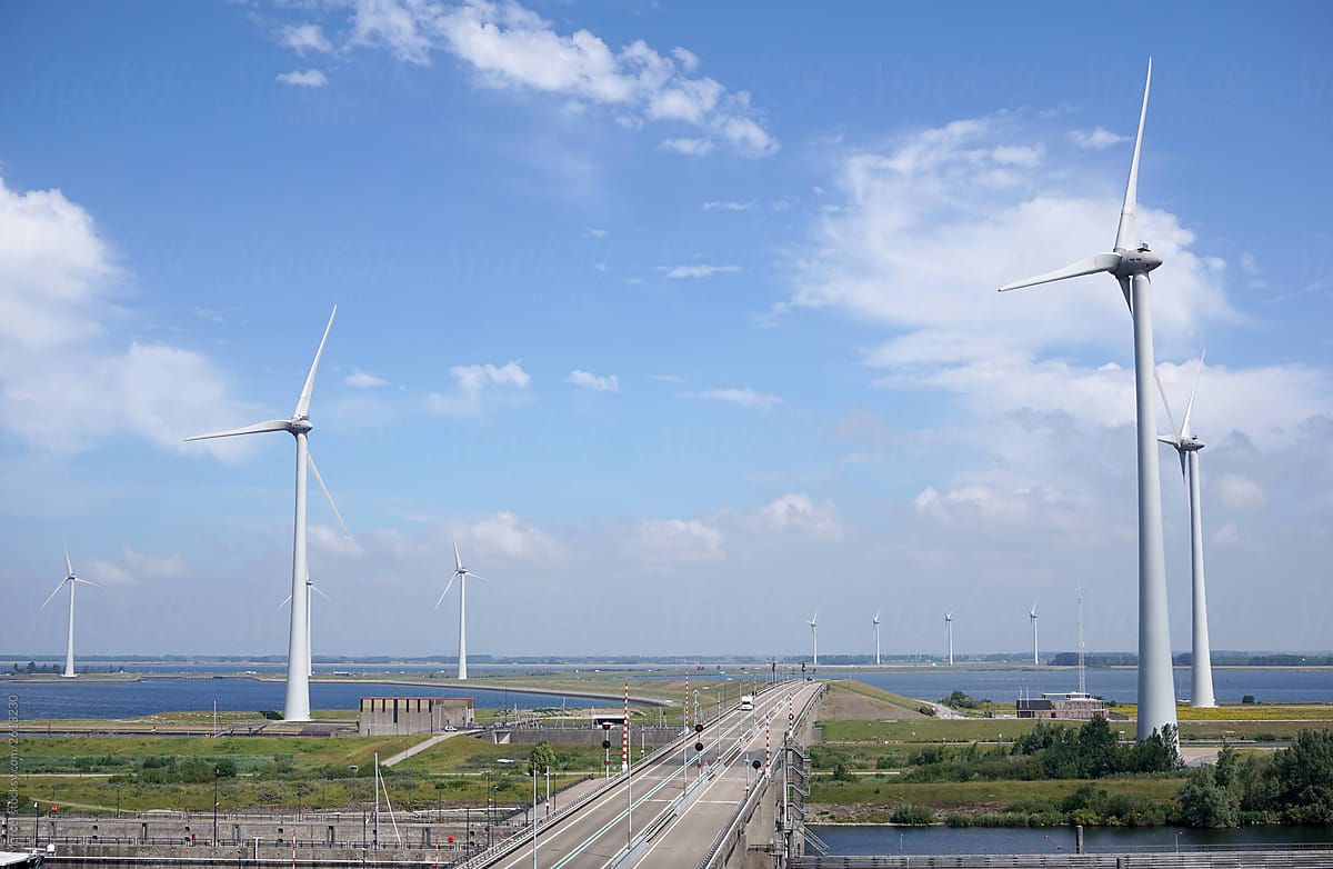 Dutch coastal protection, with dams, sea locks and turbines