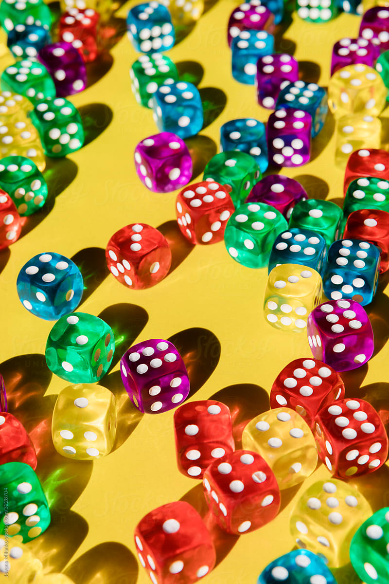Many transparent colorful dice