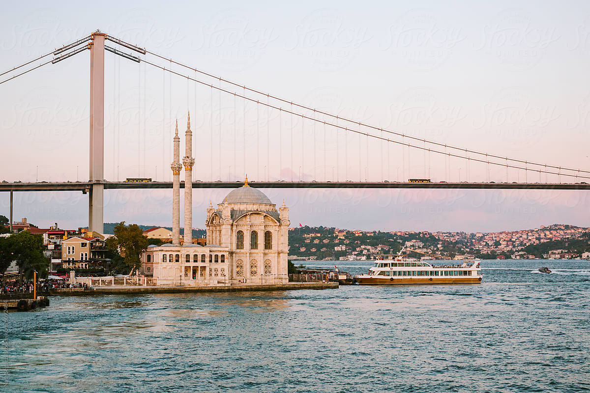 View of Ortaköy Mosque and Bridge in Istanbul at sunset