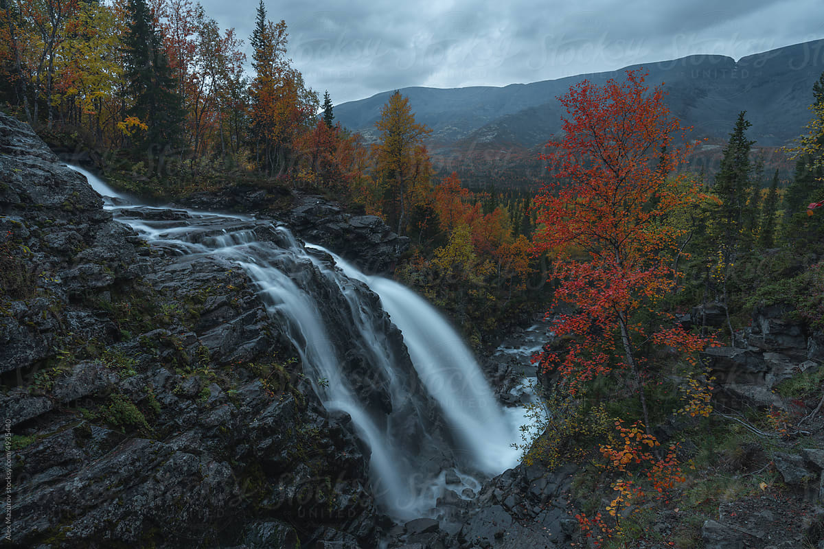 Waterfall in the autumn nordic mountains