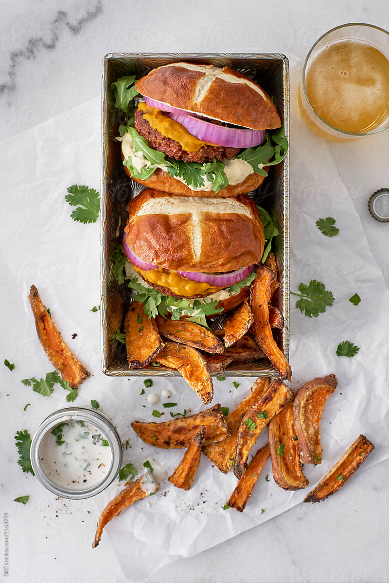 Vegan Burger and Sweet Potatoe Fries