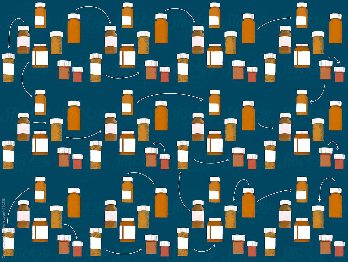 A Pill Bottle Pattern, many pill bottles on blue