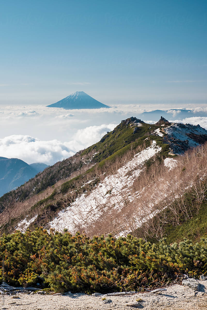 Sandy mountain on cloud and Mt. Fuji