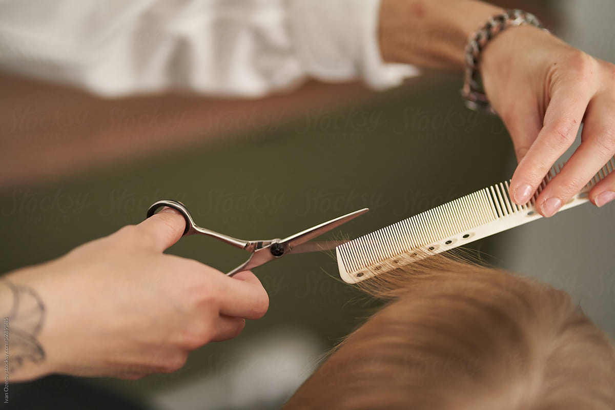 Faceless hairdresser cutting client hair with scissors