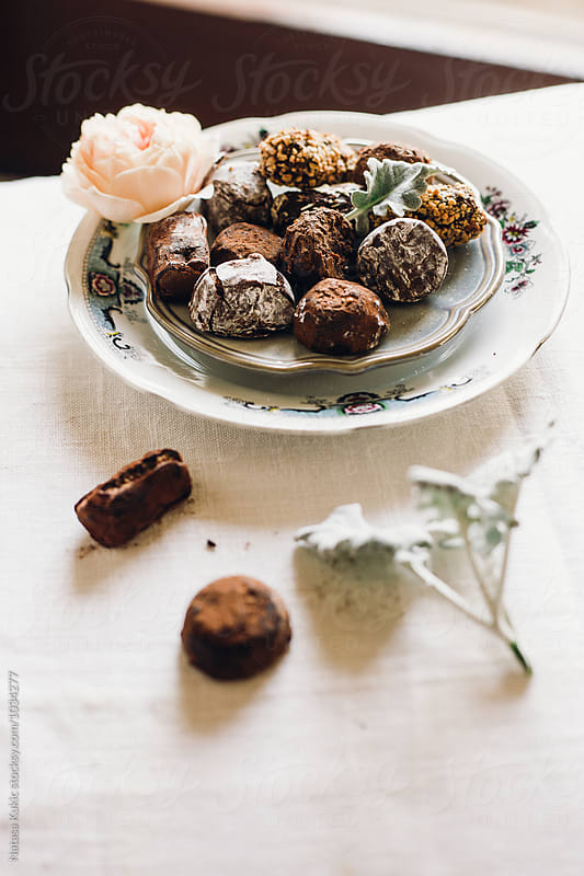Stylized plate of Belgian chocolate truffles