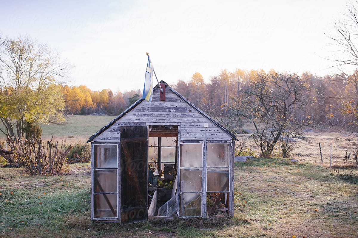 A small abandoned greenhouse with the Swedish flag