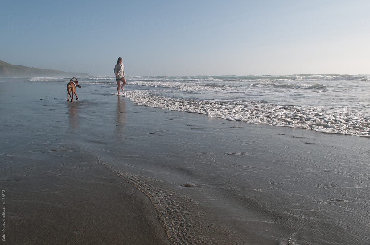 Woman on Beach walking with dog