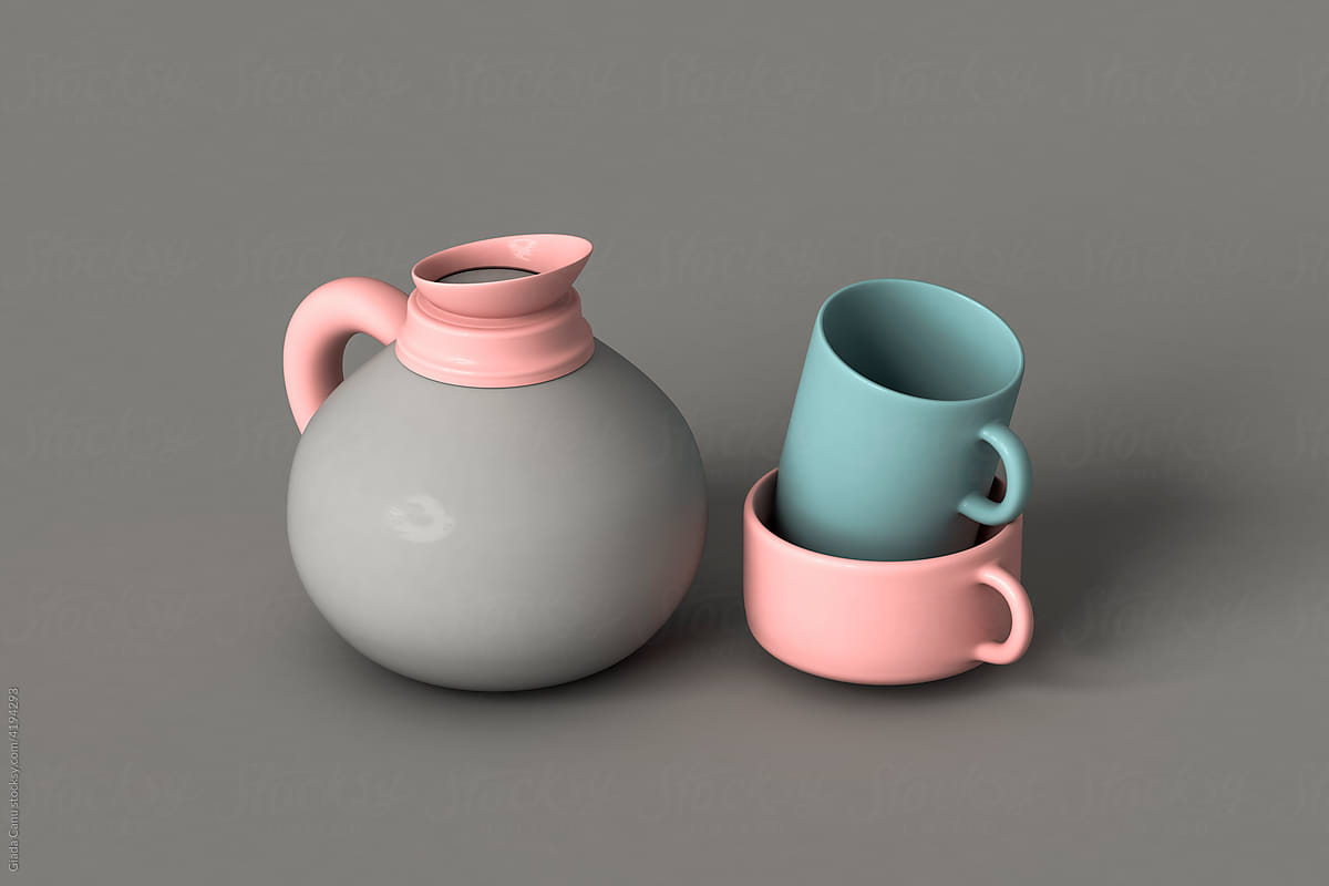 Coffee cups and jug in pastel colors