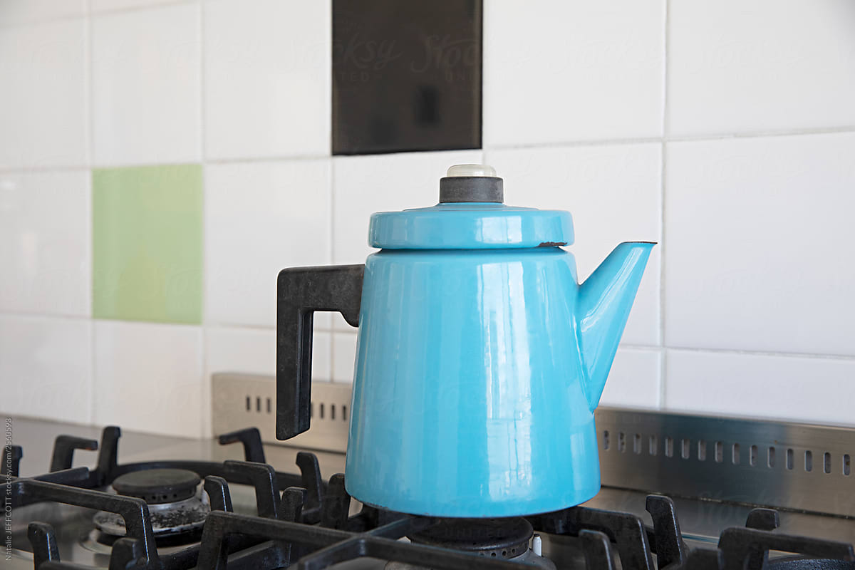 Colourful retro kitchen - close up of coffee pot