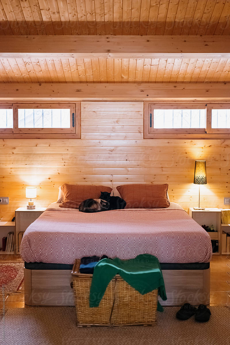 Interior of cozy wooden bedroom