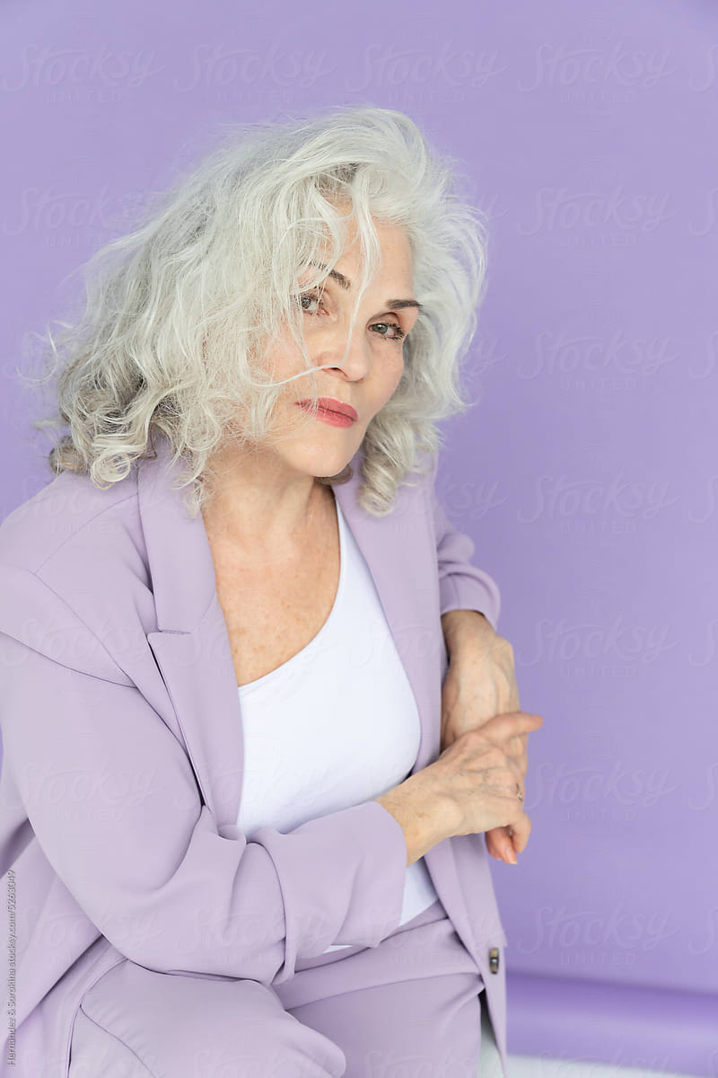 Woman With Silver Long Hair Studio Portrait