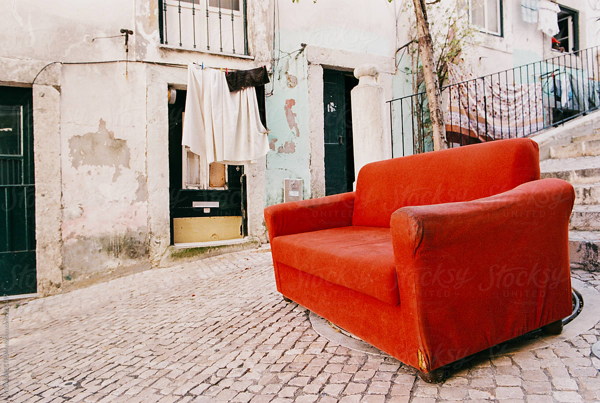 Red Sofa in Lisbon Residential Neighborhood Shot on Film