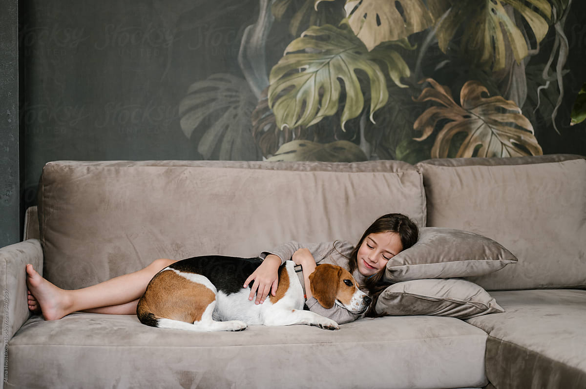 Girl with dog sleeping on couch