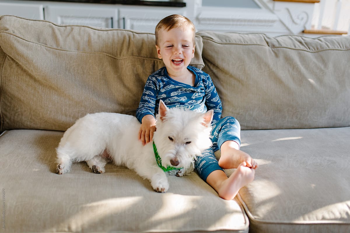 Cute young boy in a pajama hanging out with his dog on a couch