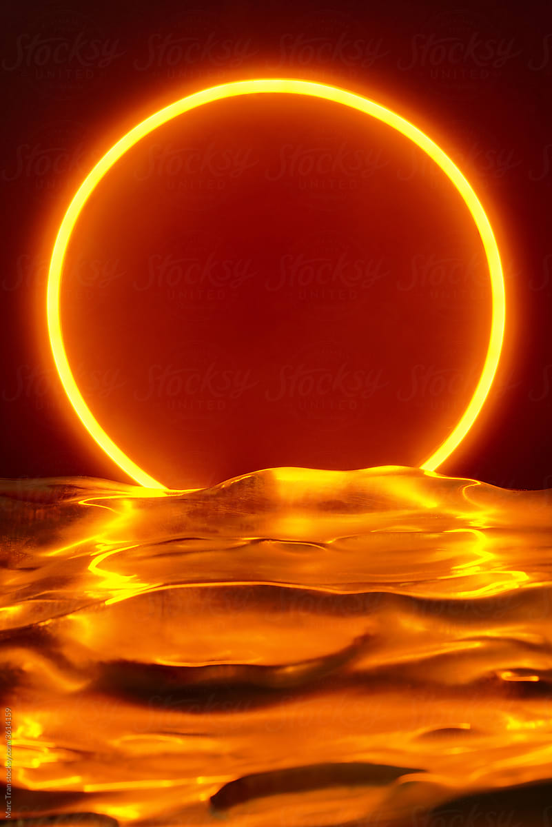 Sunset scene, reflection in the water, a neon circle