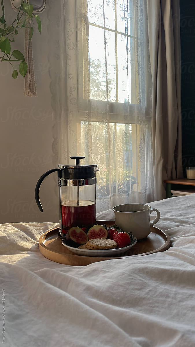 A tray with breakfast in bed