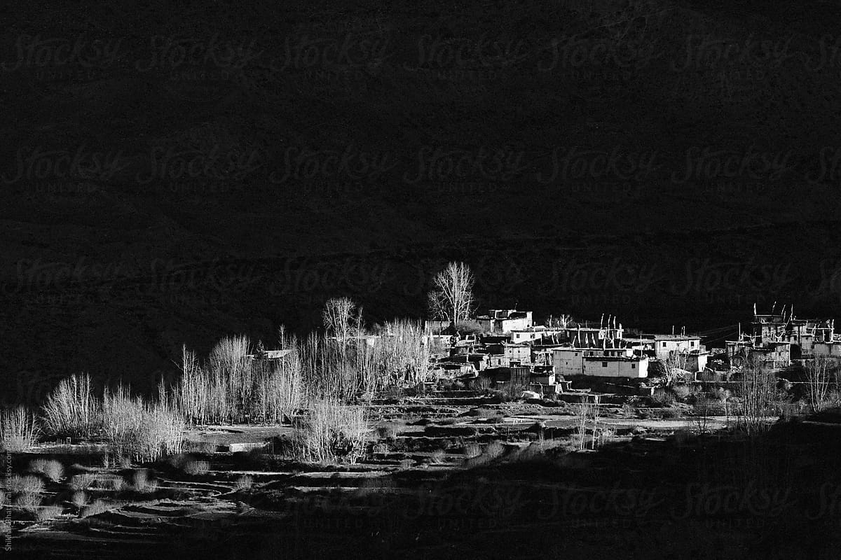Black and white image of the dramatic landscape of Mustang, Nepal.